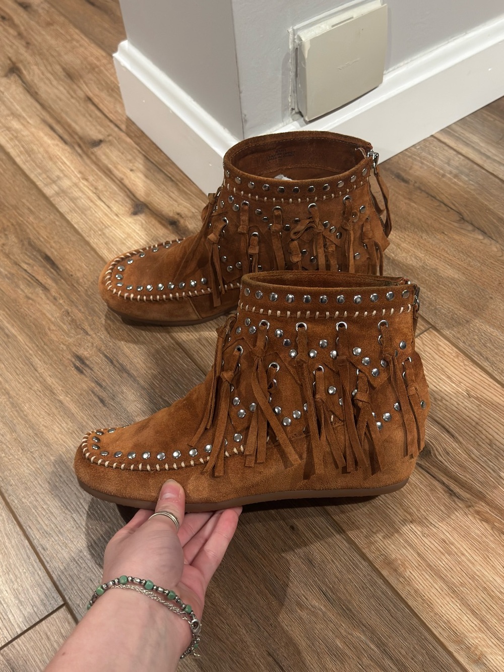 ASH Spirit Brown Suede Festival Boho Fringe Studded Moccasin Mini Boots | Size 7